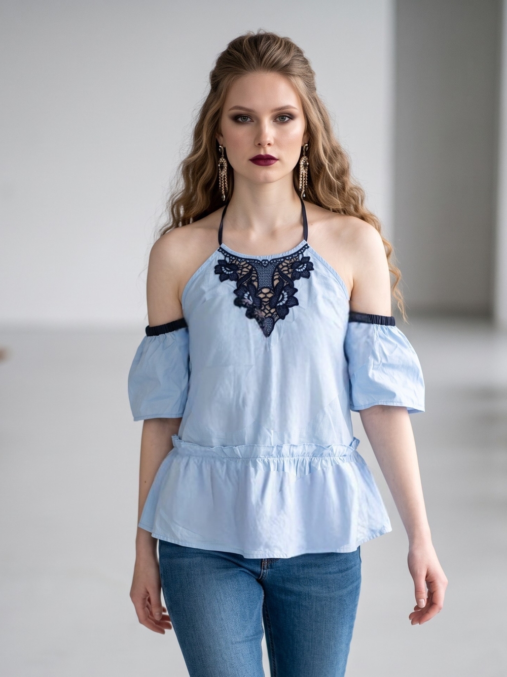 Light Blue Cold-Shoulder Halter Camisole with Black Lace Trim